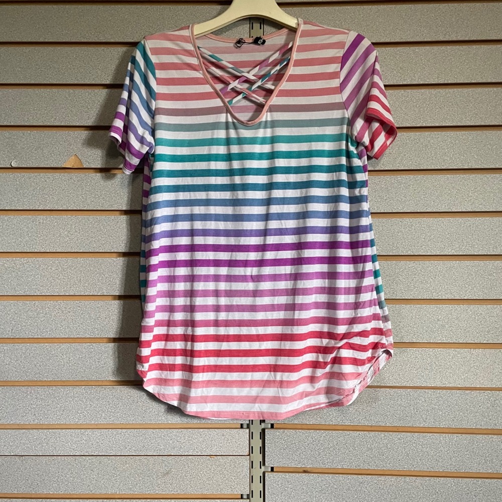 Heimish USA Striped‎ Tunic Top Criss Cross V Neck Short Sleeve Casual Colorful S